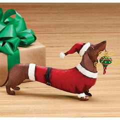 Holiday Christmas Santa Dachshund Dog Tin Figurine