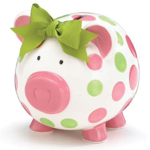Picture of Girls Pink & Green Ceramic Polka Dot Piggy Banks - 2 Pack