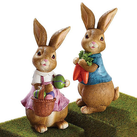 Picture of Hand Painted Brown Resin Boy and Girl Bunny Figurines
