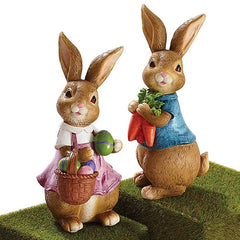 Hand Painted Brown Resin Boy and Girl Bunny Figurines