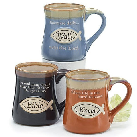 Picture of Hand Painted Porcelain Coffee Mugs with Raised Fish and Religious Messages - 6 Pack