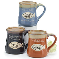Hand Painted Porcelain Coffee Mugs with Raised Fish and Religious Messages - 6 Pack