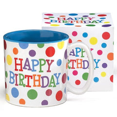Happy Birthday Brightly Colored Polka Dots Ceramic Mugs - 6 Pack