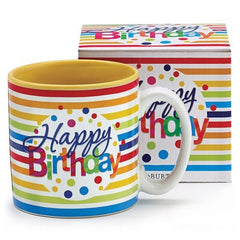 Happy Birthday Stripes Polka-Dots Ceramic Mugs - 6 Pack