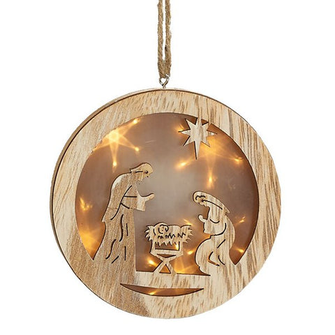 Picture of LED Round Lightbox Nativity Scene Wood Ornament