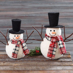 Set of 2 Snowmen with Top Hats and Plaid Scarves - Pack of 2 Sets